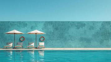 ai généré au bord de la piscine zone avec brillant bleu eau, salon chaises, et parapluies, offre une relaxant photo