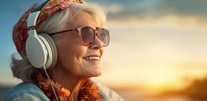 ai généré Sénior femme dans chapeau avec écoute à la musique sur écouteurs à le plage avec Contexte Soleil photo