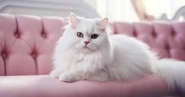 ai généré une blanc chat est séance sur le canapé photo