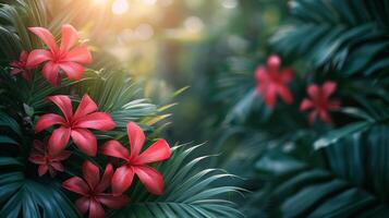 ai généré bleu Contexte avec rouge fleurs et vert feuilles photo