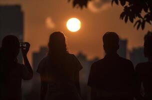 ai généré éclipse observateurs à le coucher du soleil photo