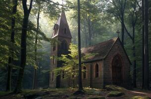 ai généré forêt chapelle à Aube photo
