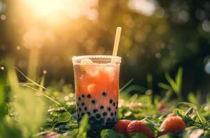 ai généré fraise bulle thé en plein air photo