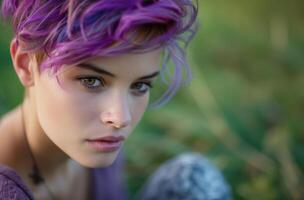 ai généré Jeune femme avec violet cheveux photo