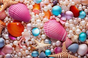 ai généré coloré perles et coquillages arrière-plan, perles et coquillages fond d'écran, perles arrière-plan, coquillages fond d'écran, ai génératif photo