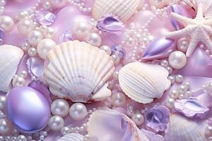 ai généré violet coquillages et perles arrière-plan, violet coquillages et perles fond d'écran, violet perles arrière-plan, violet coquillages fond d'écran, ai génératif photo