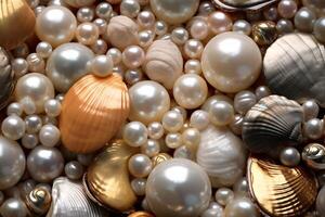 ai généré d'or perles et coquillages arrière-plan, d'or perles et coquillages fond d'écran, d'or perles arrière-plan, d'or coquillages fond d'écran, ai génératif photo