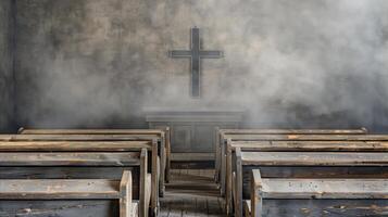 ai généré abandonné église intérieur avec une poussiéreux atmosphère photo