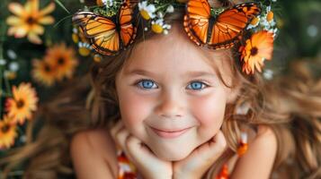 ai généré femme entouré par papillons et fleurs dans la nature photo