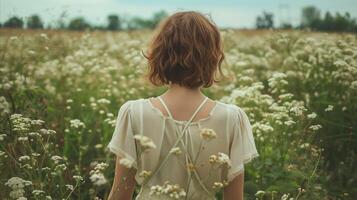 ai généré Jeune femme profiter tranquillité dans une épanouissement Prairie photo