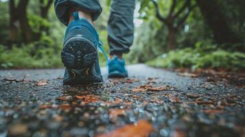 ai généré Matin courir dans une serein parc, fermer de fonctionnement des chaussures photo