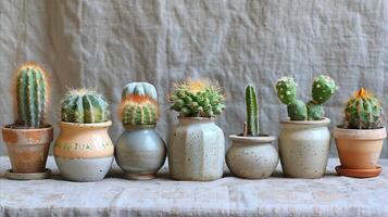 ai généré assorti cactus collection dans unique poterie sur texturé Contexte photo