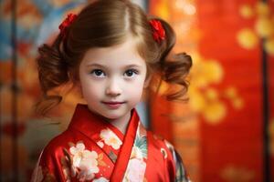 ai généré miniature peu mignonne fille Japonais kimono. produire ai photo