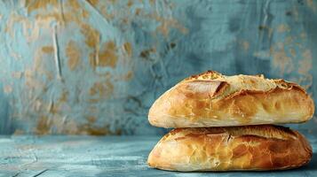 ai généré deux fraîchement cuit délicieux pains mensonge sur une bleu vieux mode arrière-plan, minimaliste style photo