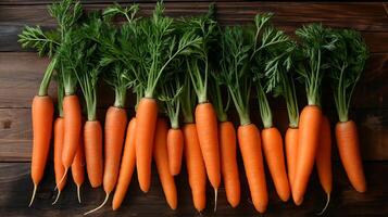 ai généré Frais carottes légume sur une en bois table photo