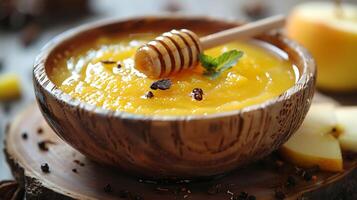 ai généré mon chéri avec Pomme fruit en purée dans une bol sur une en bois table photo