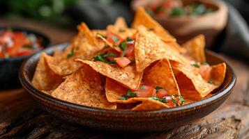 ai généré Frais savoureux nourriture Nachos sur une en bois table proche en haut vue photo