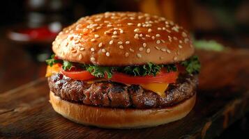 ai généré Frais savoureux Burger sur une en bois table photo