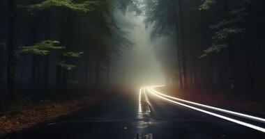 ai généré tracé le luminescent chemin de voiture lumières par une brumeux forêt photo