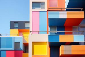 ai généré vibrant et coloré bâtiment avec plusieurs balcons et complexe détails. génératif ai photo