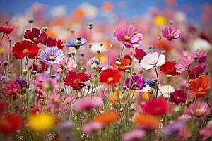 ai généré le vibrant couleurs de une champ de fleurs sauvages. génératif ai photo