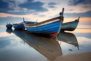 ai généré une paisible réflexion de une rangée de bateaux repos sur une silencieux plage. génératif ai photo