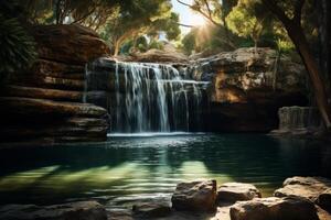 ai généré une cascade plongeant dans une cristalline piscine, symbolisant le pureté et vitalité de l'eau cette a besoin vigilant surveillance. génératif ai photo