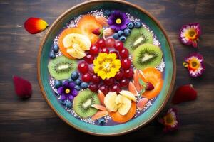 ai généré une coloré smoothie bol avec artistique fruit placement. génératif ai photo