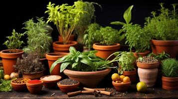 ai généré une vibrant tableau de Frais herbes et épices dans petit argile marmites. génératif ai photo