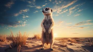 ai généré une suricate permanent sur ses de derrière jambes dans le sable. génératif ai photo