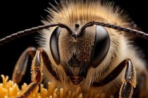 ai généré macro photographier capturer le bien Cheveux sur une les abeilles corps. génératif ai photo