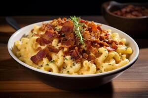 ai généré gourmet macaroni et fromage surmonté avec croustillant bacon. génératif ai photo