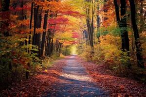 ai généré coloré feuilles sur une chemin par le les bois. génératif ai photo