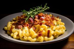 ai généré une assiette de gourmet Bacon et gouda macaroni et fromage. génératif ai photo