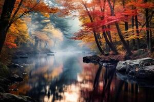 ai généré tranquille rivière reflétant le couleurs de l'automne feuillage. génératif ai photo