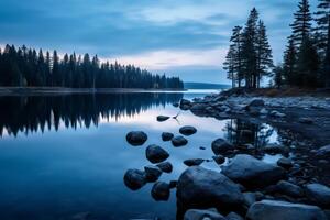 ai généré une tranquille Lac avec doux bleu heure reflets. génératif ai photo