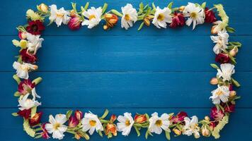 ai généré coup printemps Contexte avec fleurs Cadre sur bleu en bois table photo