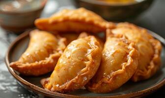 ai généré gujiya sucré Dumplings, de fête assiette photo