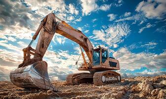 ai généré excavatrice sur placer, ensoleillé jour, cool Regardez photo