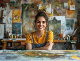 ai généré femme artiste, contenu dans studio travail photo