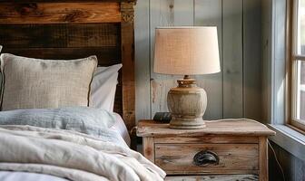 ai généré une pittoresque lampe sur une chevet table à côté de une en bois tête de lit lit. photo