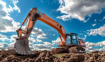 ai généré excavatrice sur placer, ensoleillé jour, cool Regardez photo