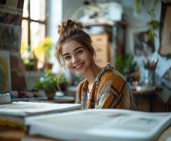 ai généré femme artiste, contenu dans studio travail photo