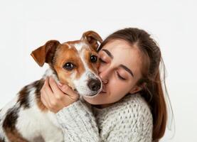 ai généré femme avec amour étreindre et embrasser chien photo