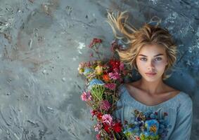 ai généré Jeune blond avec fleur bouquet photo