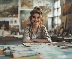 ai généré femme artiste, contenu dans studio travail photo