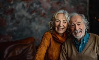 ai généré joyeux personnes âgées couple, Heureusement souriant photo