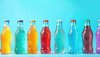 ai généré coloré un soda bouteilles s'aligner sur bleu Contexte photo