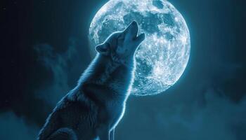 ai généré majestueux Loup hurlement à éclairé par la lune nuit photo
