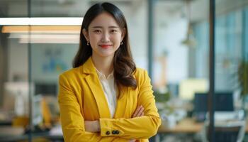 ai généré sur de soi femme d'affaires dans Bureau environnement photo